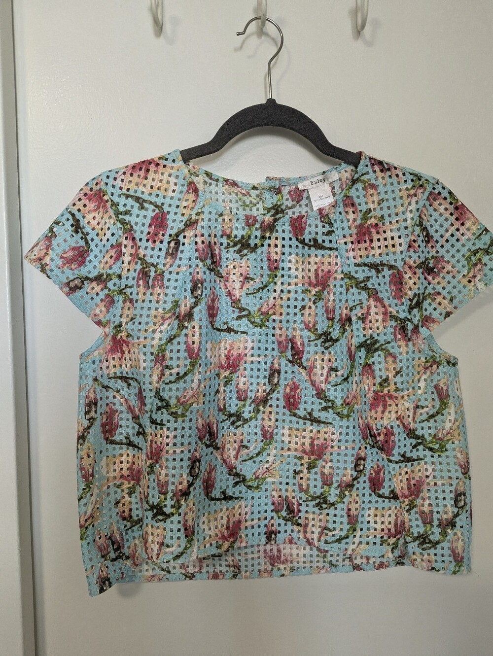 Aqua Floral Lattice Cap Sleeve Top